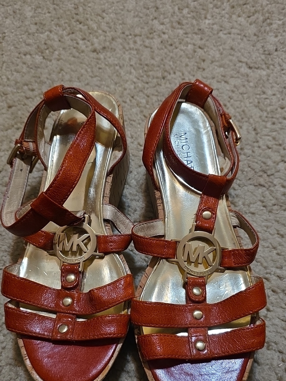 Michael Kors Burnt Orange Leather Wedge Sandals with MK Medallion
